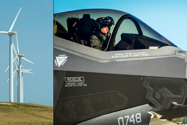 Images of wind turbines on a hill and a fighter pilot in an F-22A