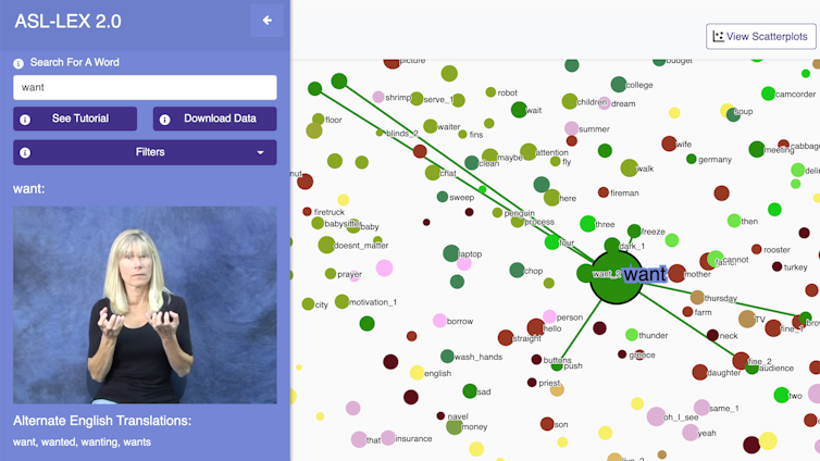 Visualization of the ASL lexicon showing how the sign for 'want' fits into the network.