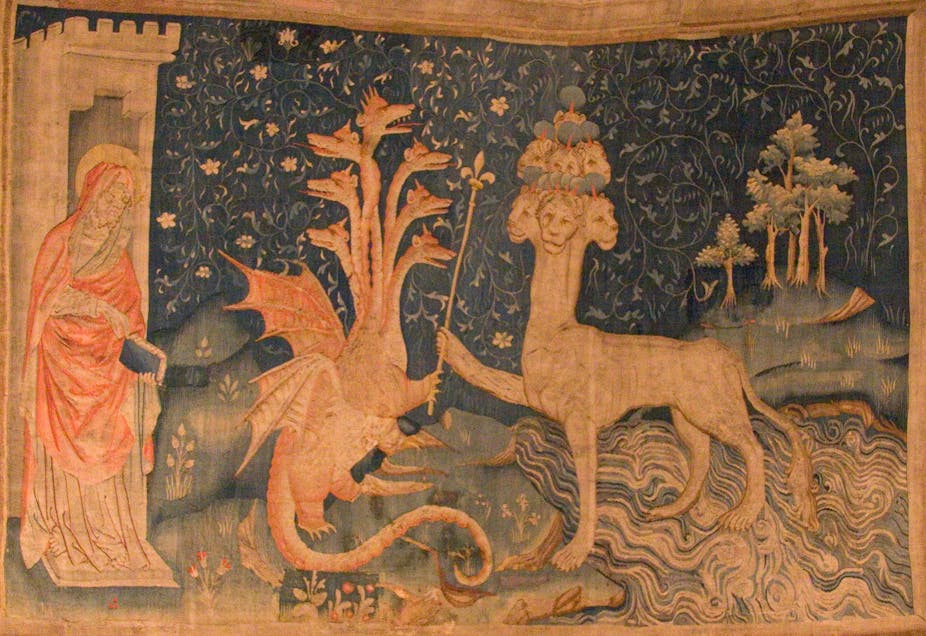A medieval tapestry, which shows John, the Dragon, and the Beast of the Sea.