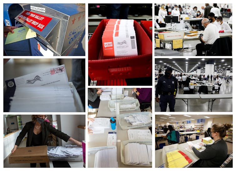 A combination of many photos showing ballots on Election Day 2020.