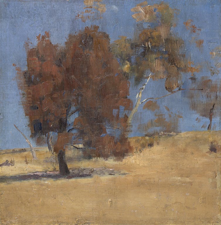 Painting: a dusky tree against a dry landscape and blue sky.