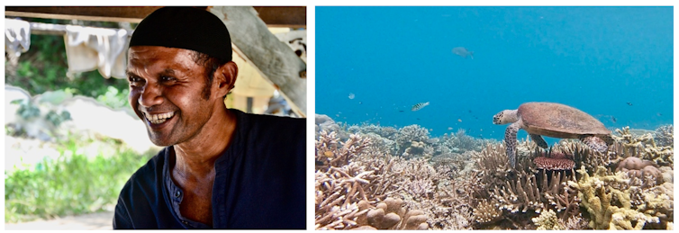 Smiling fisher and sea turtle