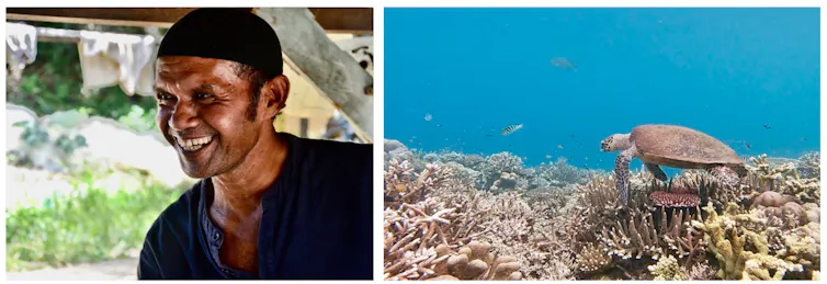 Smiling fisher and sea turtle