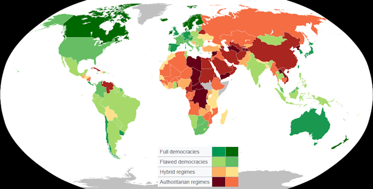 Globe showing countries colour-coded by government type