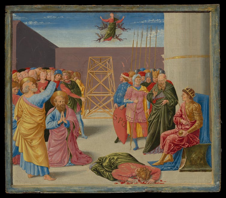 A pastel 15th century painting showing Simon the magician held aloft by demons