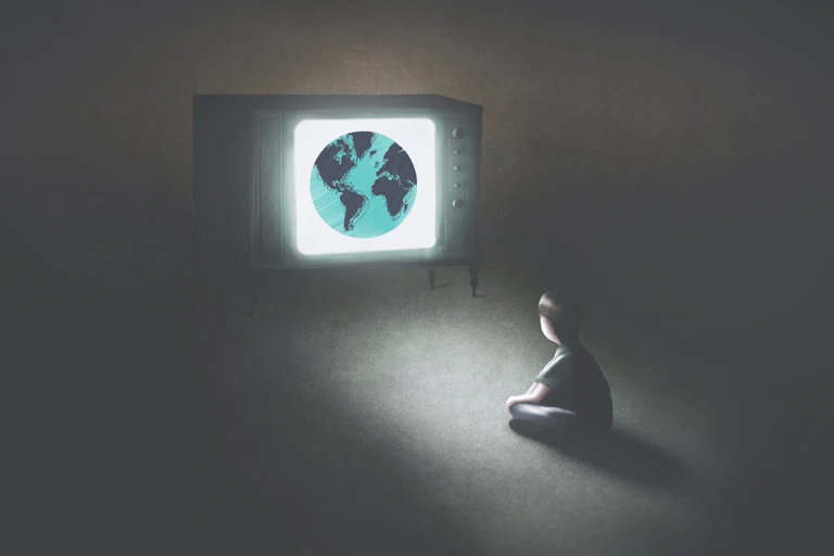Illustration of a child sitting on the floor in the dark, watching a TV set that has the world on it