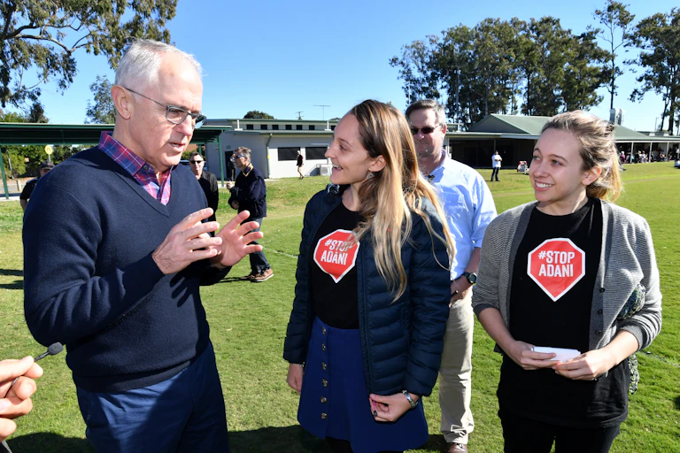 Malcolm Turnbull speaks to Adani protesters