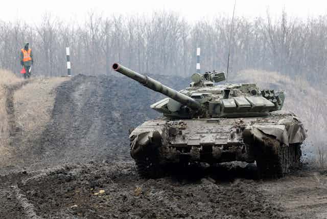 A Russian tank in a firing range in Ukraine.
