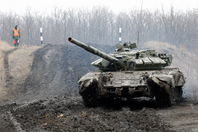 A Russian tank in a firing range in Ukraine.