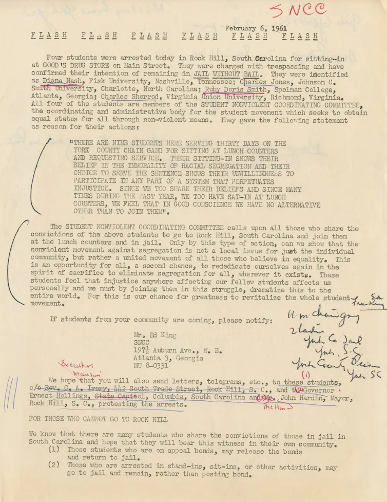 A yellowed press release from 1941 in which the Friendship Nine are said to be the inspiration for other students being arrested at a sit-in.