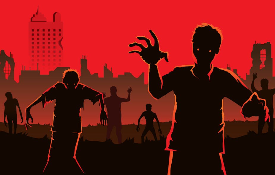 Illustration of zombies in an abandoned city. 