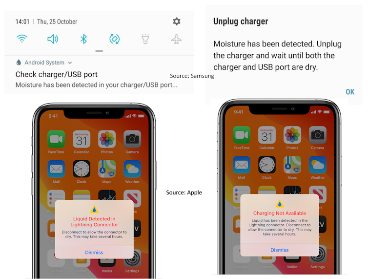 New generation Samsung and Apple phones have a moisture/liquid alert notification.