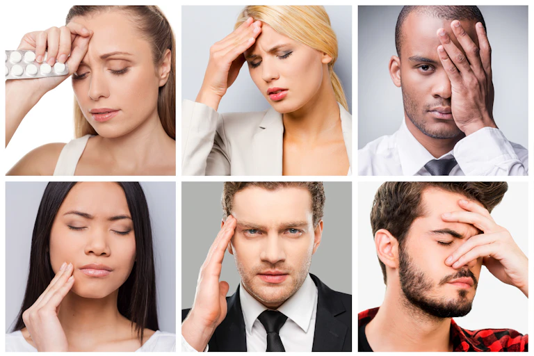 A collage of male and female faces showing pain