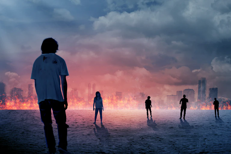 Illustration of zombie in front of burning city.