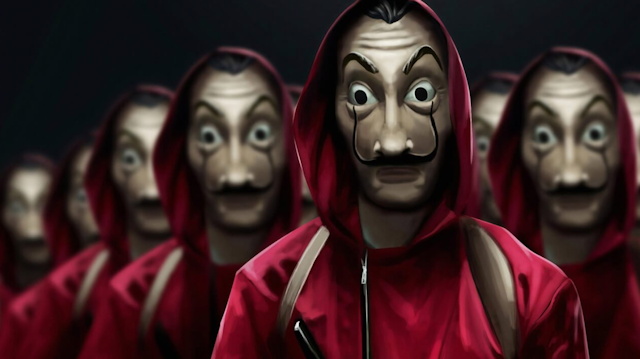 Figures in red hoods and Salvador Dali masks