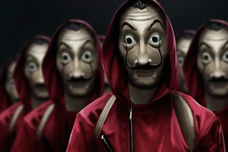 Figures in red hoods and Salvador Dali masks