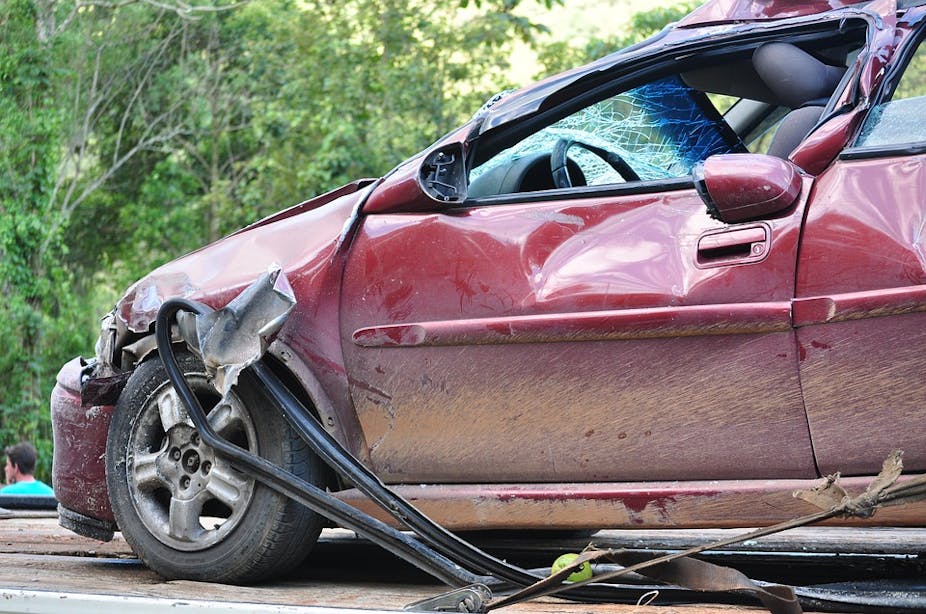 A wrecked car that was involved in a road crash.