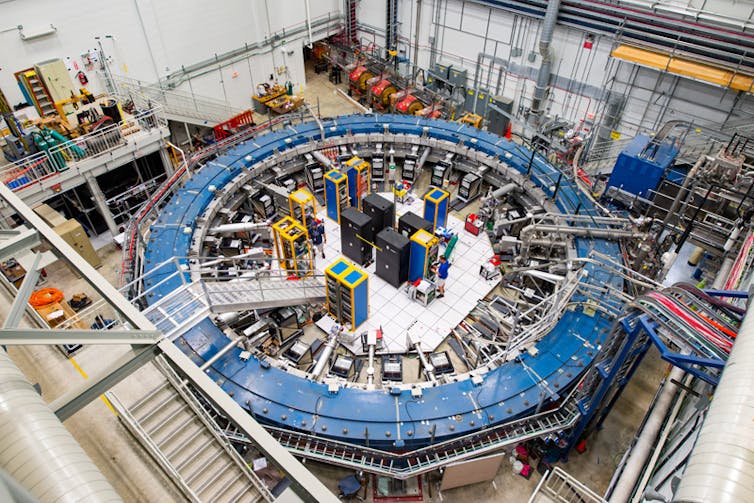 A large blue doughnutâ&#128;&#147;shaped magnet used to measure muons.