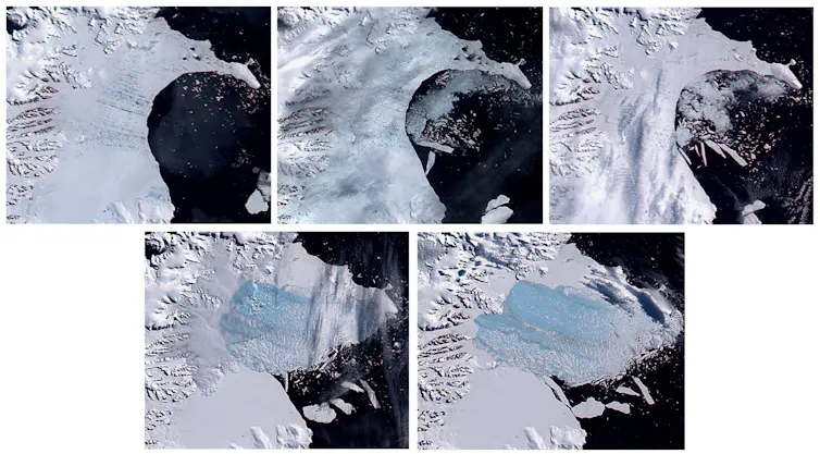 Six images depicting the slow break-up of the Larsen B ice shelf.