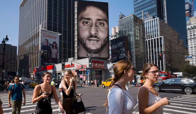 Colin Kaepernick Nike billboard shown in 2018 in New York City.