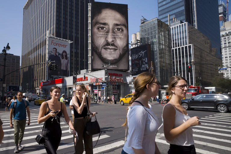 Colin Kaepernick Nike billboard shown in 2018 in New York City.