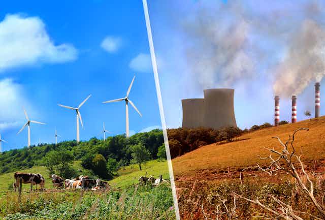 composite of wind turbines and coal plant