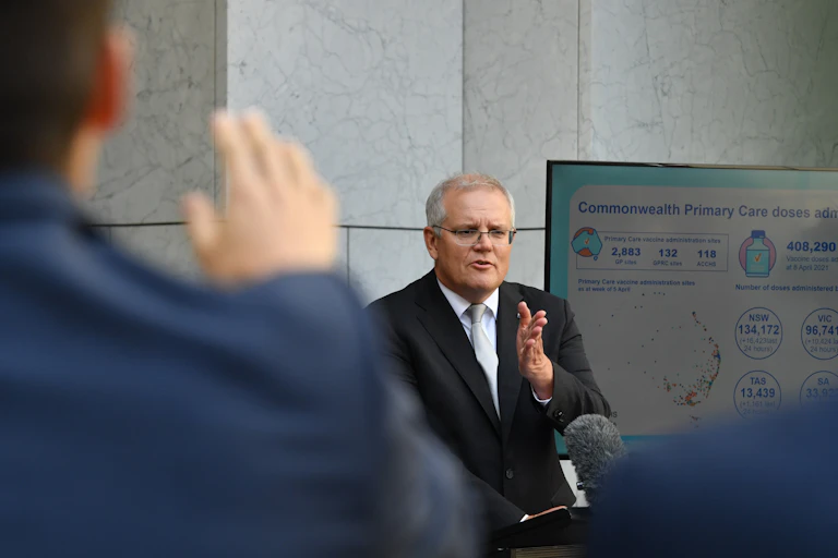 Prime Minister Scott Morrison takes questions from journalists about vaccines.