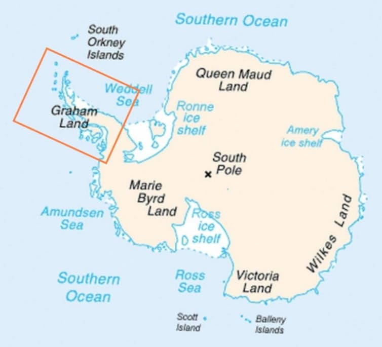 A map of Antarctica with the peninsula highlighted by a red box.