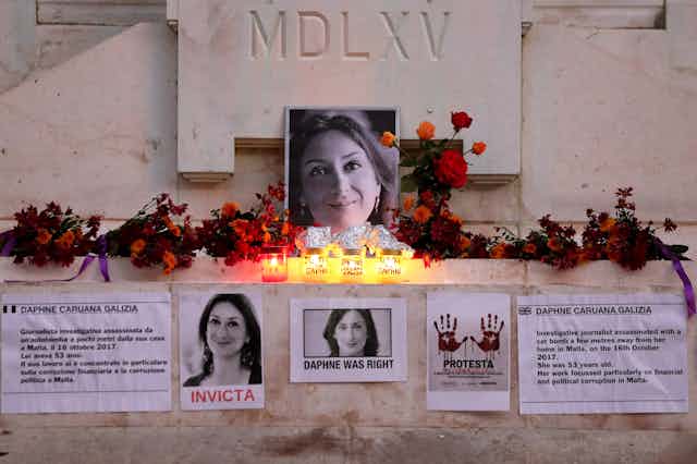 Tributes to murdered journalist Daphne Caruana Galizia at the Great Siege Monument in Valletta.