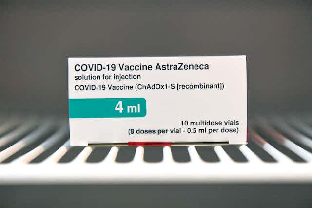 A box of the AstraZeneca COVID-19 vaccine