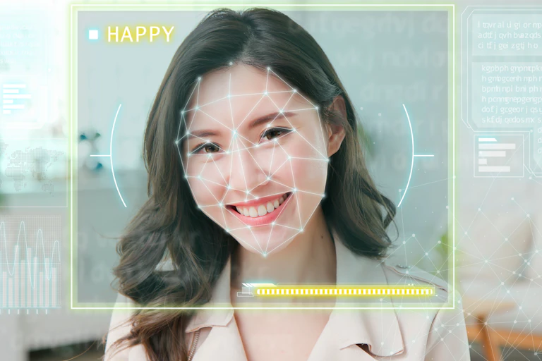 Image of a smiling woman being assessed by an AI.