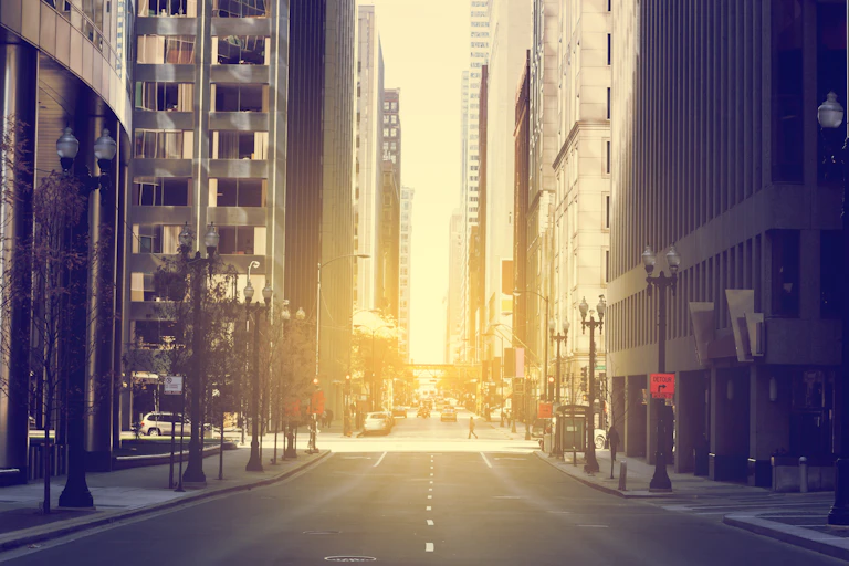 A empty street in Chicago in winter