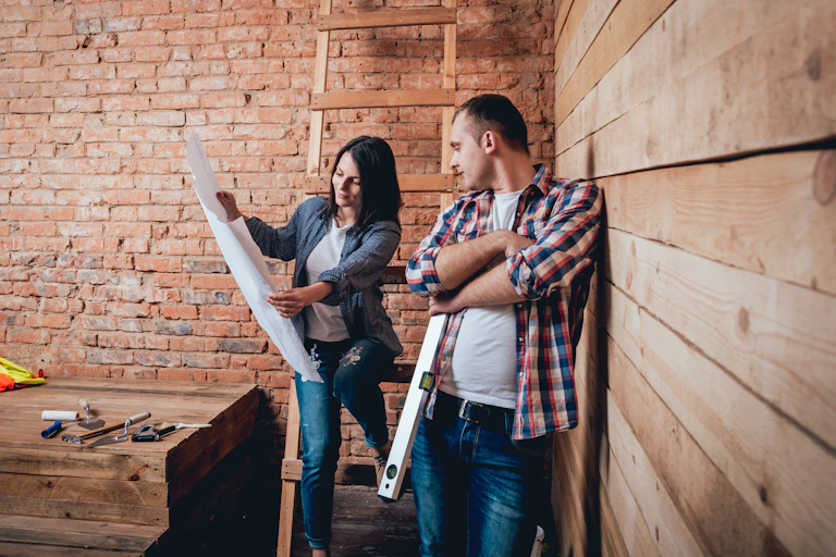Man and woman looking at home plans