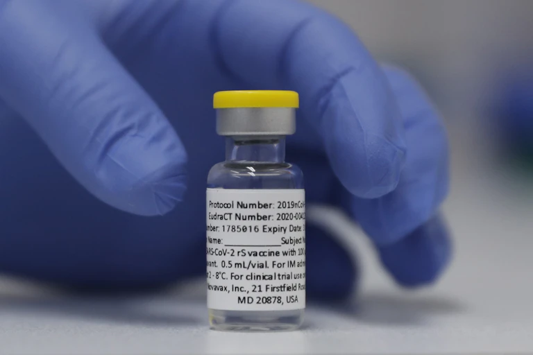 A vial of the Novavax vaccine during phase 3 clinical trials