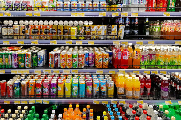 Supermarket shelves full of beverages