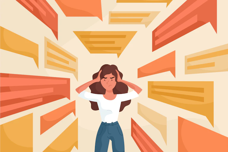 A woman holding her hands to her ears while being bombarded with digital messages