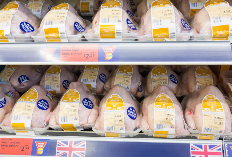 Whole chickens on sale for £2.99 in supermarket.