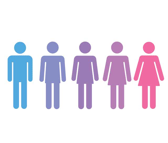 Stick figures representing a gender transition.