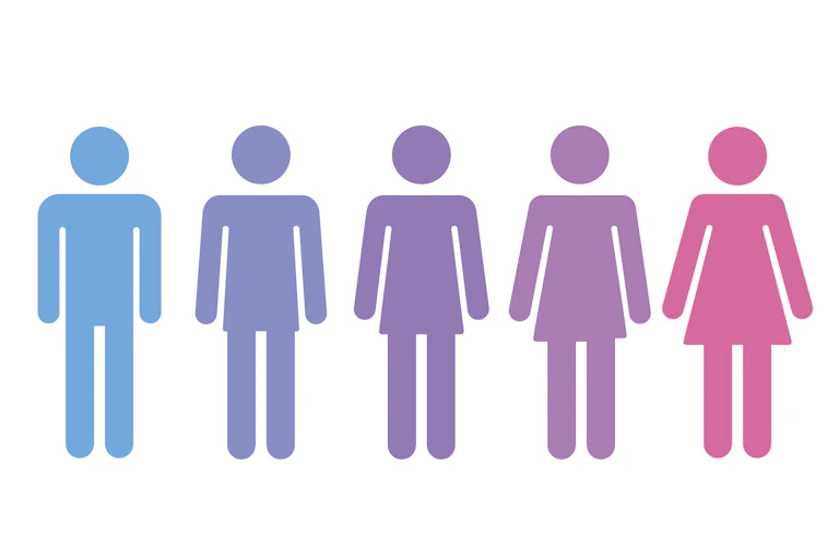 Stick figures representing a gender transition.