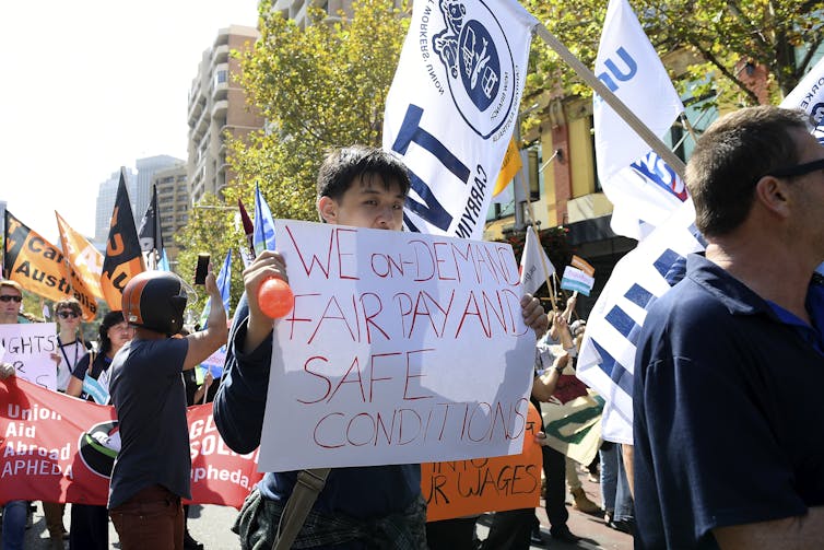 A rally in support of food delivery riders in Sydney in March 2018