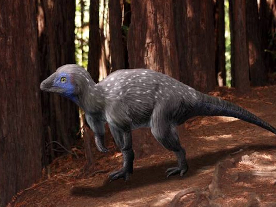 Reconstruction of a Kulindadromeus dinosaur with feathers.