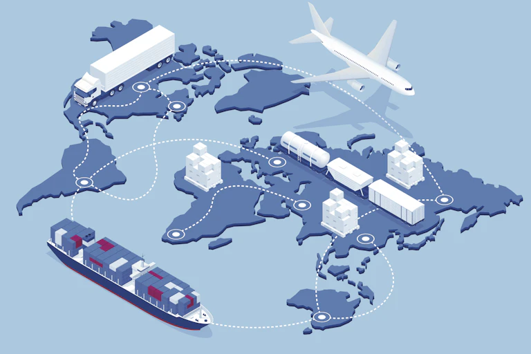 Global map with transport moving around to symbolise the supply chain