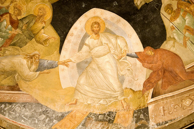 Christ with a halo and angels around him in a 14th century fresco, Chora Church, Istanbul ,Turkey.