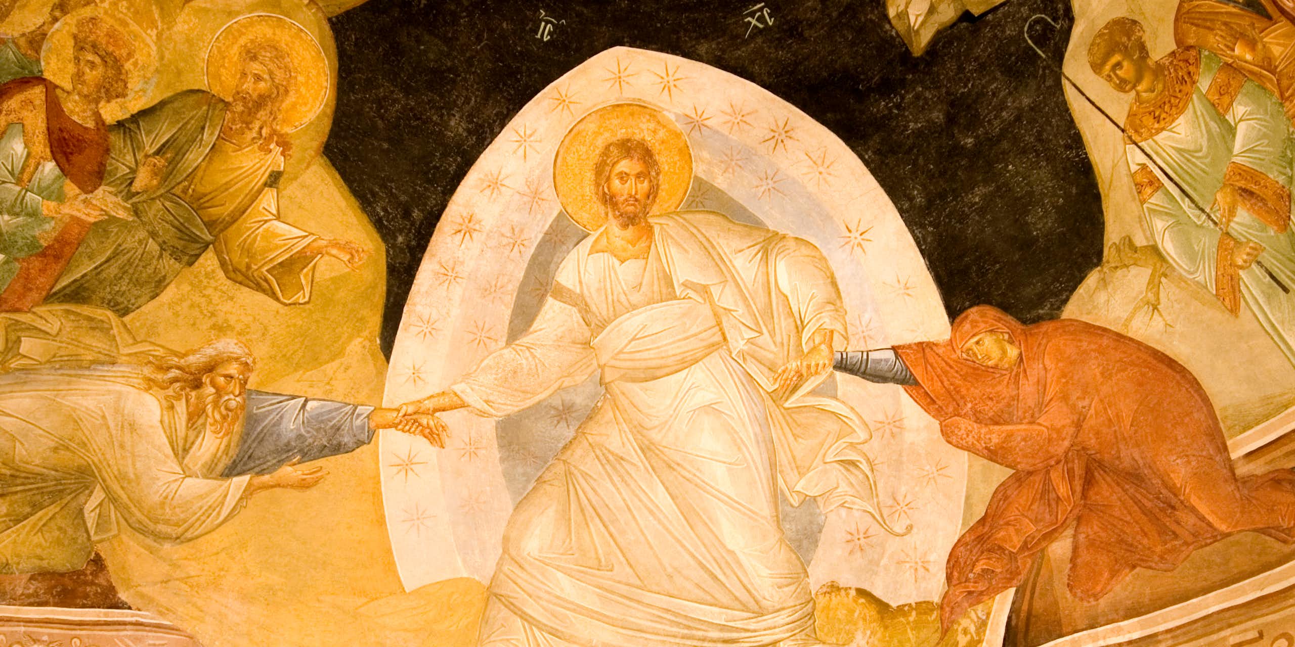 Christ with a halo and angels around him in a 14th century fresco, Chora Church, Istanbul ,Turkey.