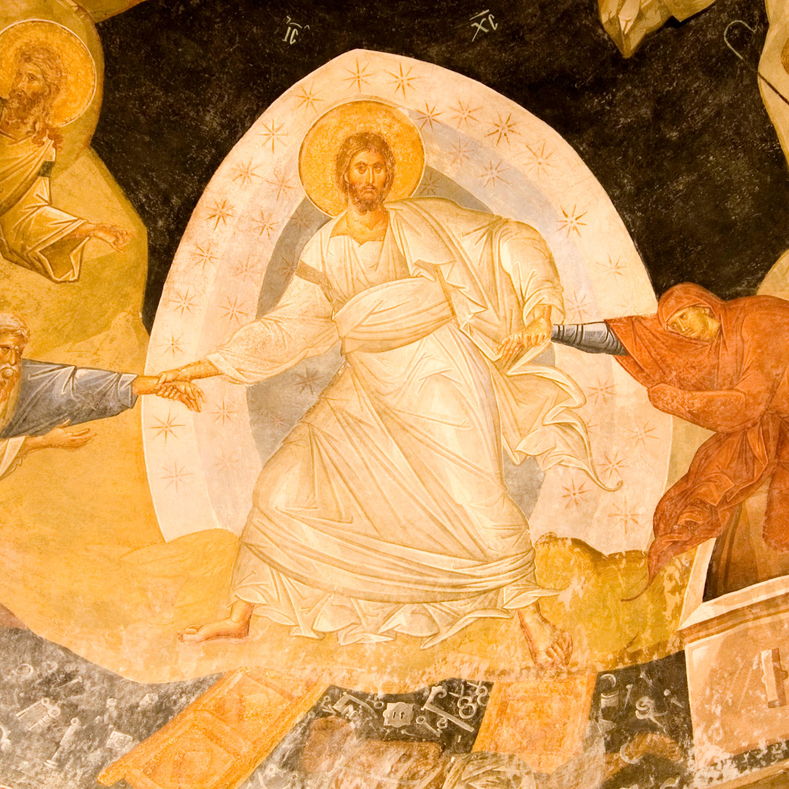 Christ with a halo and angels around him in a 14th century fresco, Chora Church, Istanbul ,Turkey.