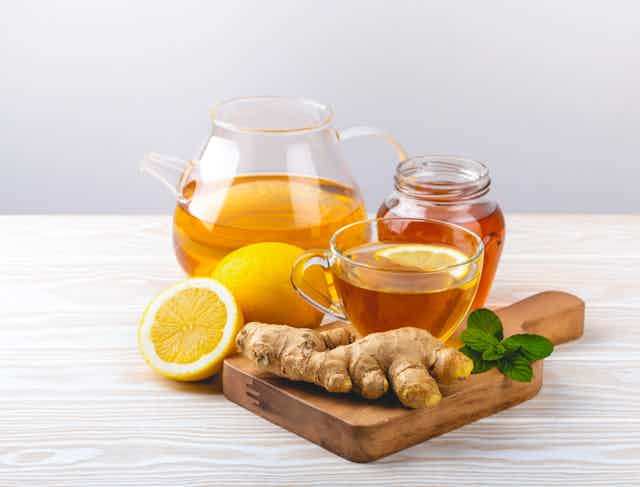 Home remedies including tea, honey, lemon and ginger.