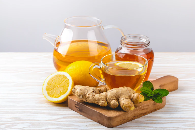 Home remedies including tea, honey, lemon and ginger.