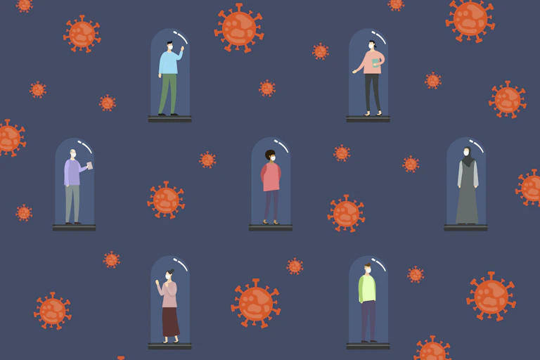 Illustration of people being held captive by the coronavirus