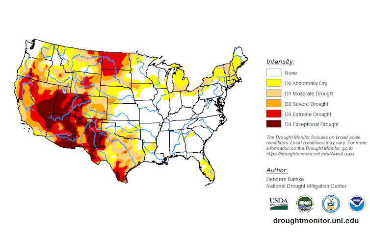 Much of the U.S. Southwest and California are in extreme or exceptional drought.