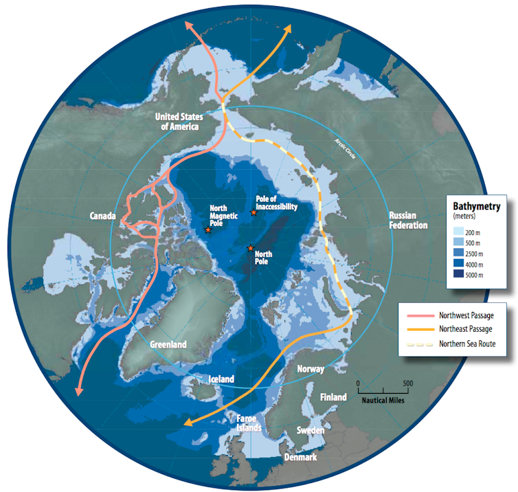 A round map with a view centered on the North Pole showing shipping routes